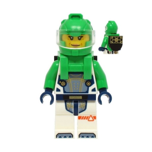 cty1753 - Astronaut - Female, White Spacesuit with Bright Green Arms, Bright Green Helmet, Bright Green Backpack with Solar Panel, Closed Mouth