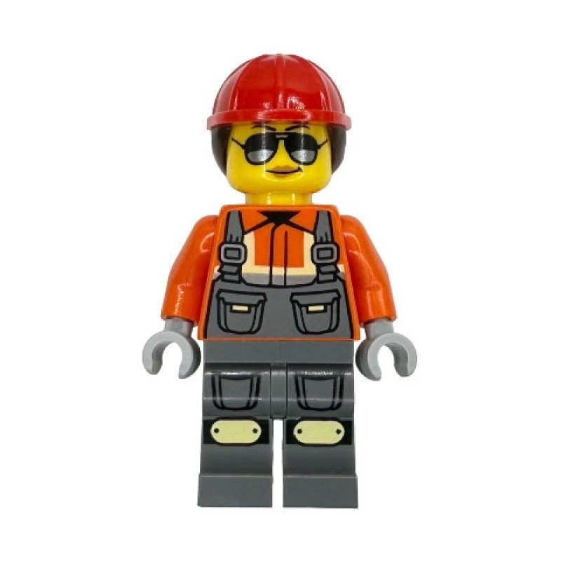 cty1909 - Construction Worker - Female, Dark Bluish Gray Overalls over Reddish Orange Safety Jacket with Reflective Stripes, Dark Bluish Gray Legs with Knee Pads, Red Construction Helmet with Dark Brown Ponytail Hair, Sunglasses