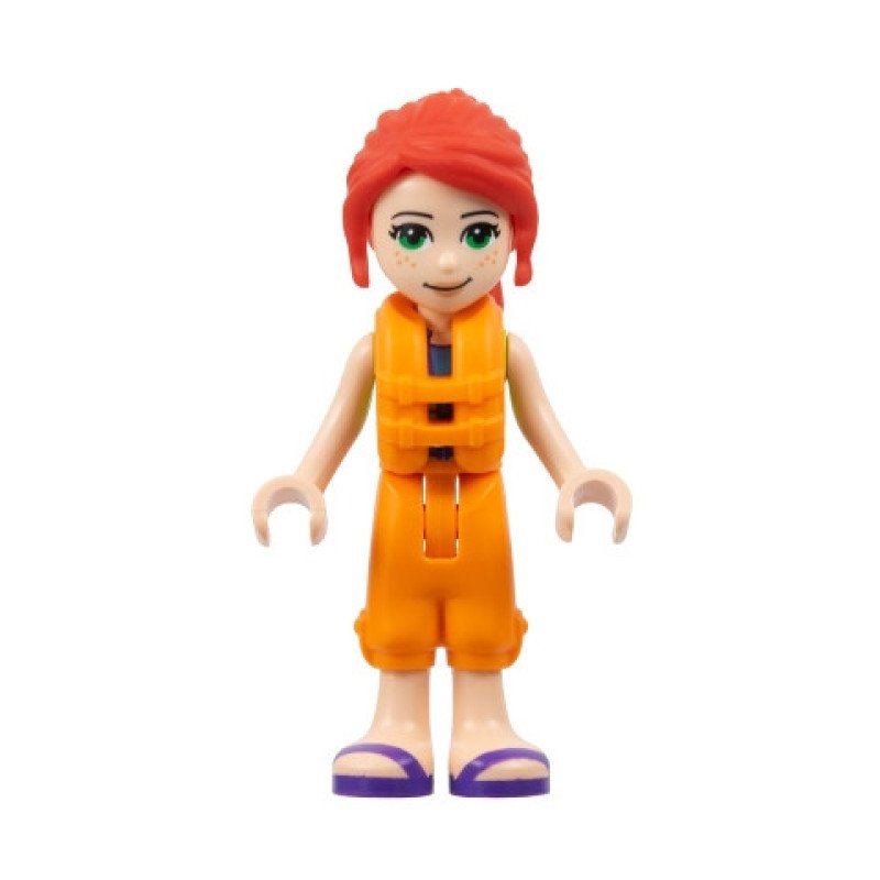 frnd0512 - Friends Mia - Lime Jacket Vest with Pockets, Orange Cropped Trousers, Dark Purple Sandals, Orange Life Jacket