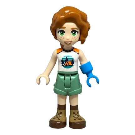 frnd0737 - Friends Autumn - White and Orange Sleeveless Top with Tent, Sand Green Shorts, Nougat and Reddish Brown Boots, Prosthetic Hand